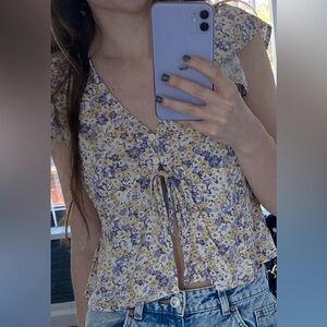 Floral Button-Front Tie Slightly Cropped Top, Size XS